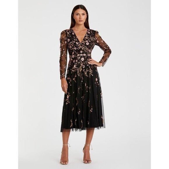 Mac Duggal Dresses & Skirts - Mac Duggal Size 6 Black Floral Embroidered A-Line Cocktail MIDI Dress $598 New